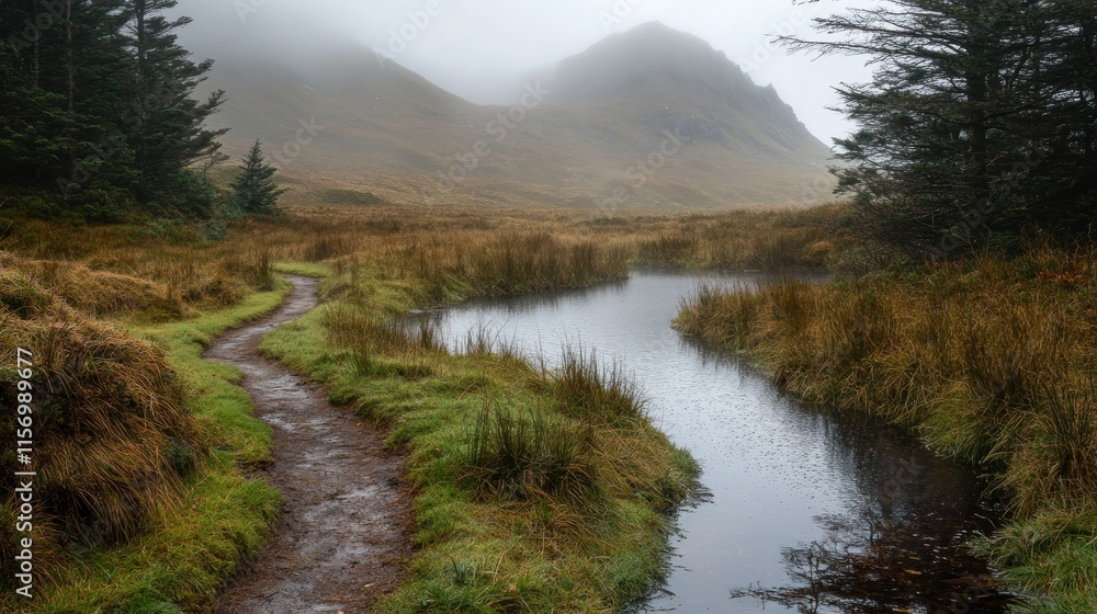 Misty mountain path alongside a stream. Misty mountain path alongside a stream.