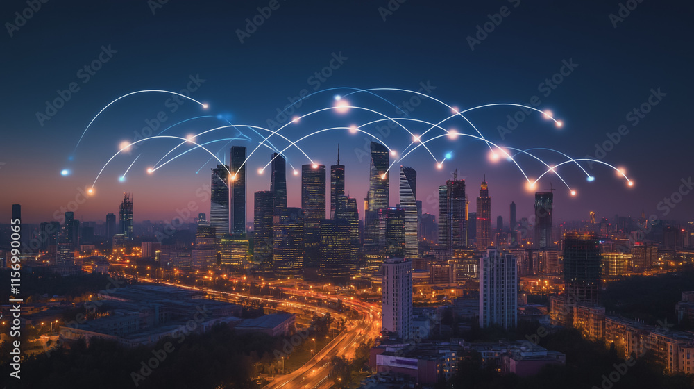 Fototapeta premium Smart digital Innovation city with connection network reciprocity over the cityscape. of future smart wireless digital city and social media networking systems that connects people with in city
