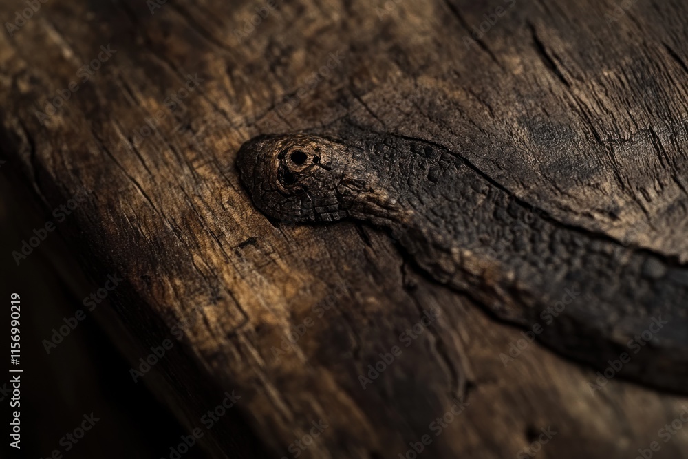 Close-up of a dark, weathered wooden surface with a small, dark, snake-like object on top. Close-up of a dark, weathered wooden surface with a small, dark, snake-like object on top.