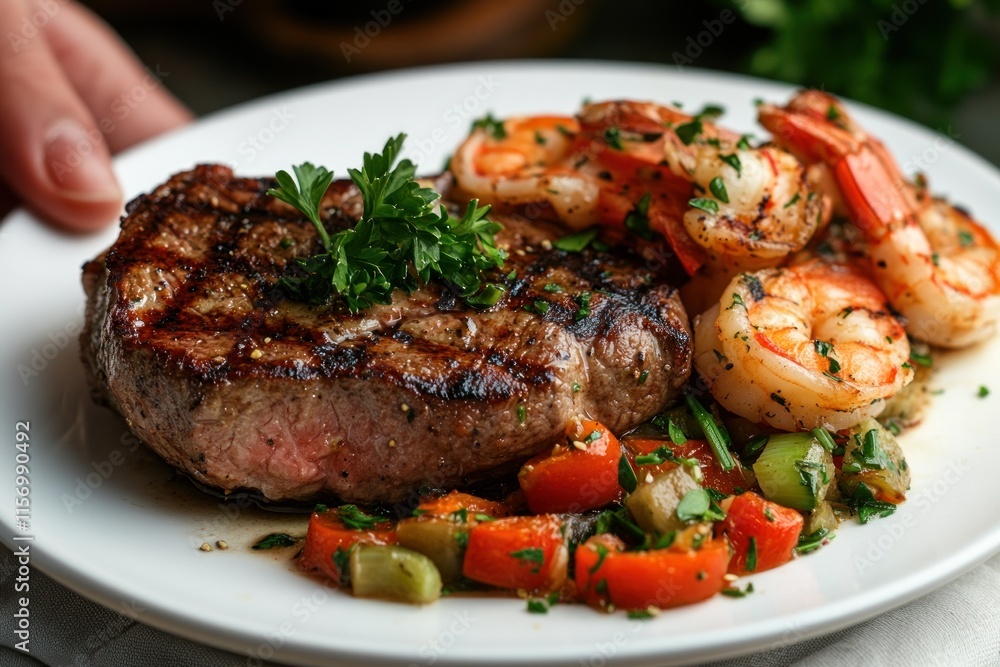 Grilled steak and shrimp with sauteed vegetables on a white plate. Grilled steak and shrimp with sauteed vegetables on a white plate.