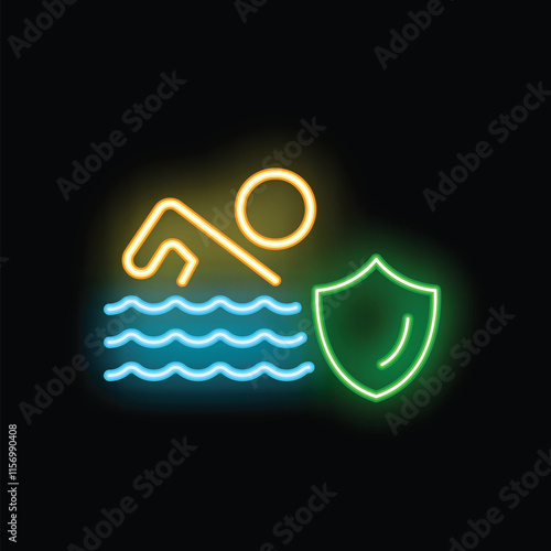 Glowing neon icon of a person swimming with a shield, representing the concept of swimming pool safety