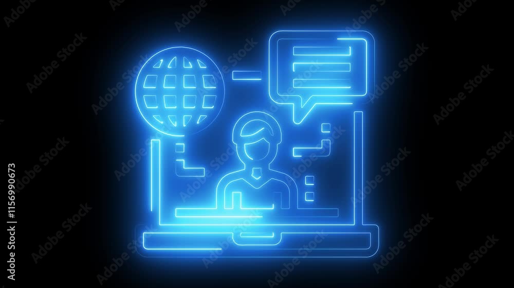 Online icon animation by cyan color neon on black background Online icon animation by cyan color neon on black background