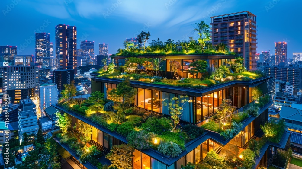 Obraz premium Urban Rooftop Gardens in Tokyo, Japan Showcasing Modern Green Architecture