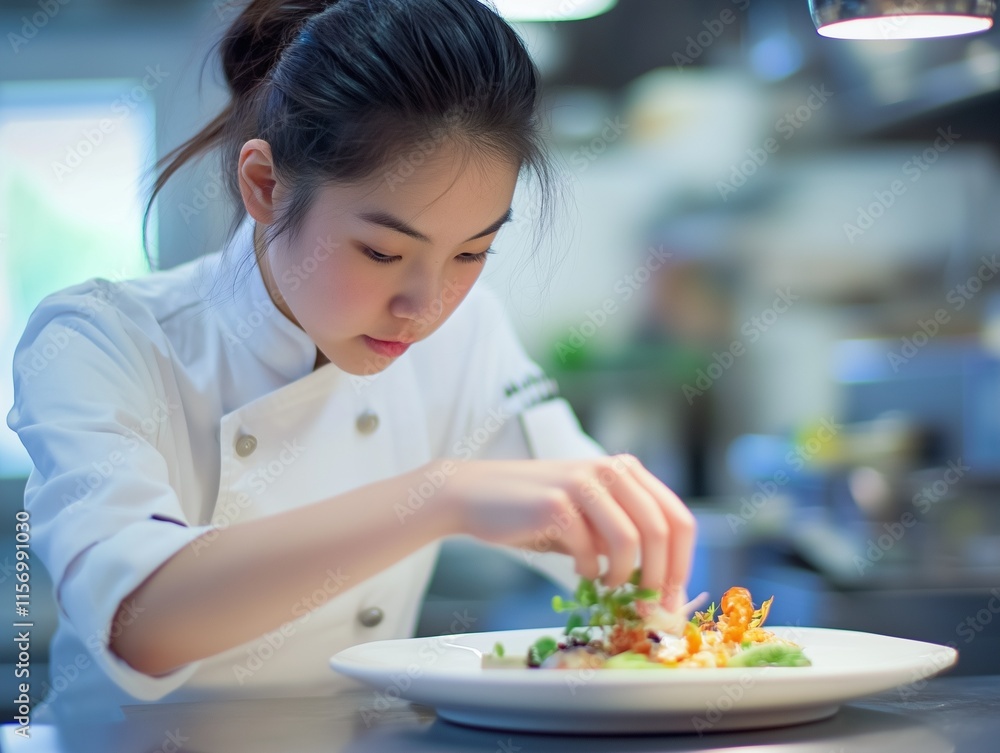 A young Asian female chef delicately decorating a gourmet dish in a modern kitchen. The focus is on her hands and the intricate details of the food, with natural light highlighting the vibrant colors A young Asian female chef delicately decorating a gourmet dish in a modern kitchen. The focus is on her hands and the intricate details of the food, with natural light highlighting the vibrant colors
