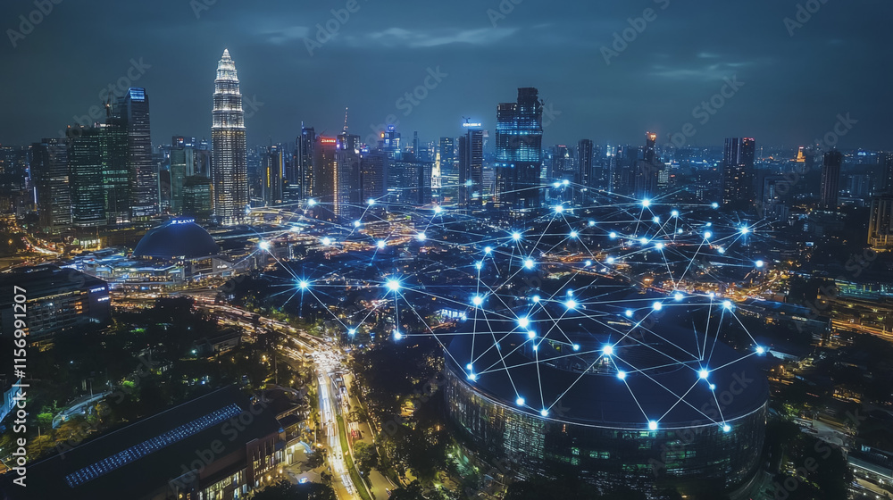 Fototapeta premium Smart digital Innovation city with connection network reciprocity over the cityscape. of future smart wireless digital city and social media networking systems that connects people with in city