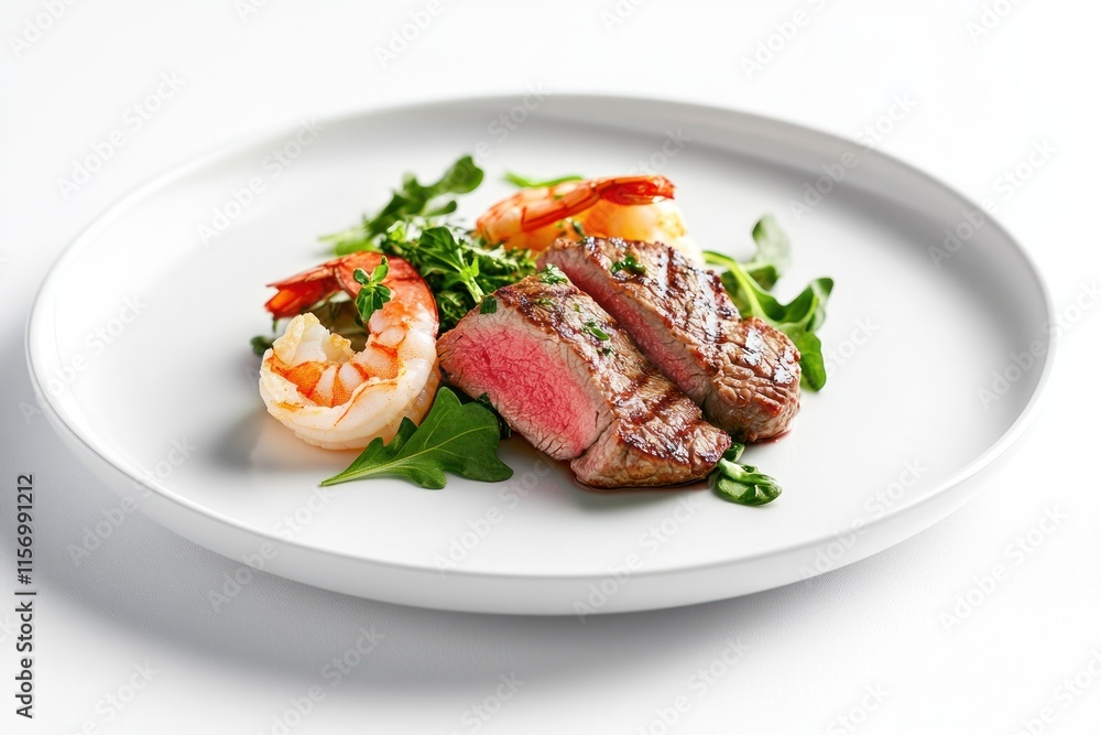 Grilled beef steak slices with grilled shrimps and arugula on a white plate. Grilled beef steak slices with grilled shrimps and arugula on a white plate.