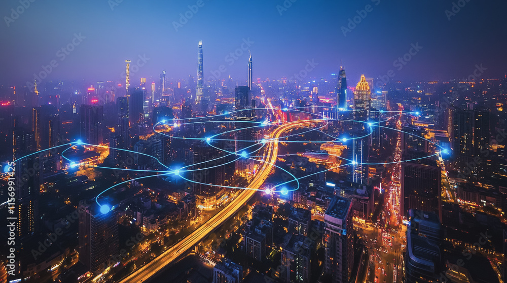 Obraz premium Smart digital Innovation city with connection network reciprocity over the cityscape. of future smart wireless digital city and social media networking systems that connects people with in city