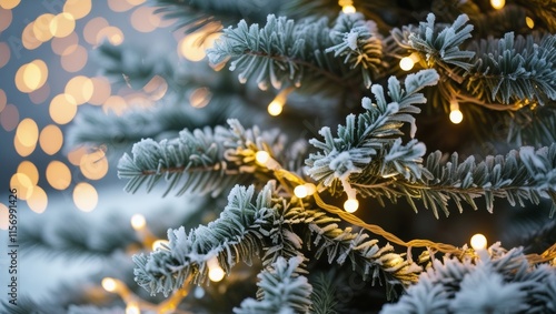 Snowy Christmas Tree Branches with Warm String Lights, Festive Winter Scene with Bokeh Background