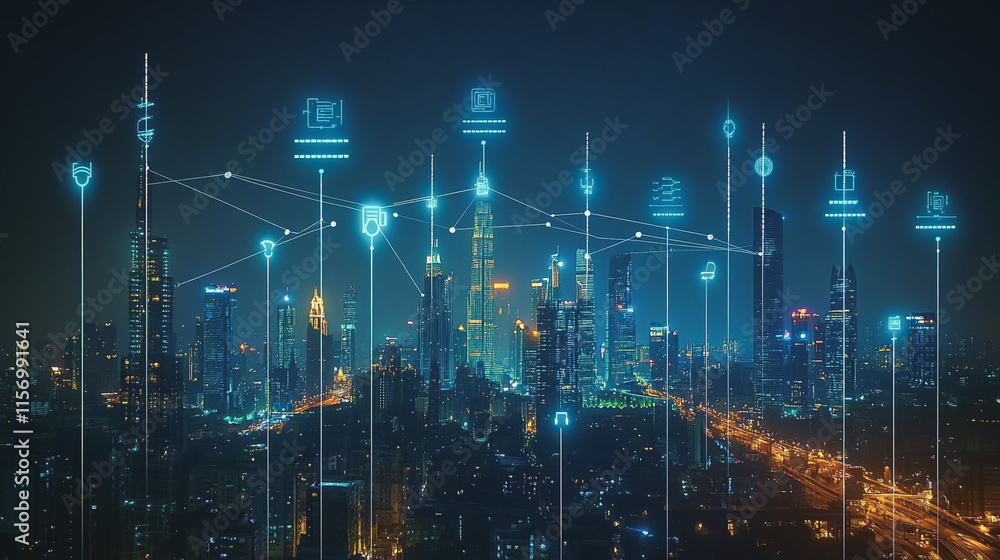 Smart digital Innovation city with connection network reciprocity over the cityscape. of future smart wireless digital city and social media networking systems that connects people with in city Smart digital Innovation city with connection network reciprocity over the cityscape. of future smart wireless digital city and social media networking systems that connects people with in city