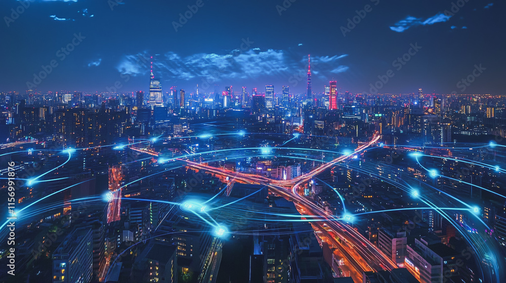 Fototapeta premium Smart digital Innovation city with connection network reciprocity over the cityscape. of future smart wireless digital city and social media networking systems that connects people with in city