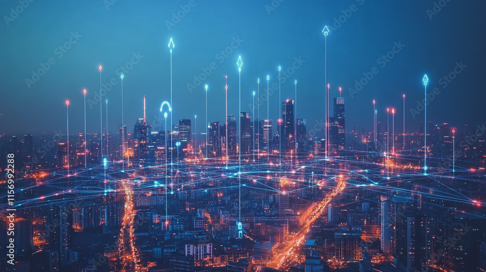 Fototapeta premium Smart digital Innovation city with connection network reciprocity over the cityscape. of future smart wireless digital city and social media networking systems that connects people with in city