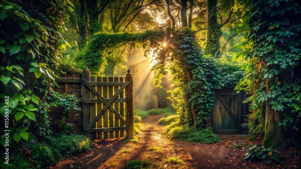 Mysterious Forest Gate: Candid Shot of Ancient Wooden Gate Leading Deep into Lush Woods Mysterious Forest Gate: Candid Shot of Ancient Wooden Gate Leading Deep into Lush Woods