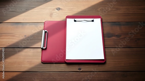 AI generated, Clipboard and Red Notepad on Wooden Table in Organized Workspace photo