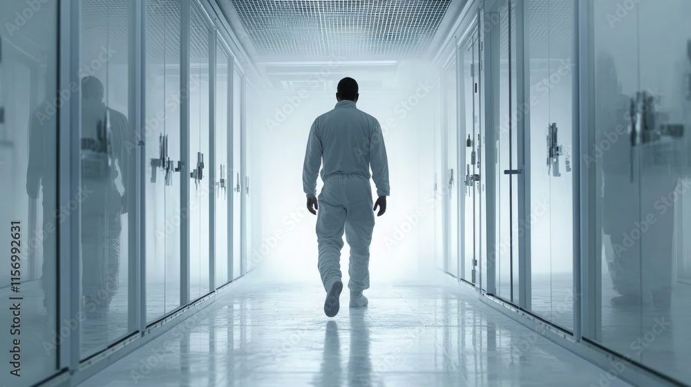 Fototapeta premium Person walking down a sterile hallway in a medical facility with mist and glass
