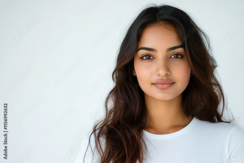 Young woman with long dark hair and a natural look poses against a plain background Young woman with long dark hair and a natural look poses against a plain background