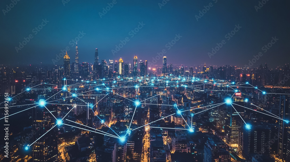Smart digital Innovation city with connection network reciprocity over the cityscape. of future smart wireless digital city and social media networking systems that connects people with in city Smart digital Innovation city with connection network reciprocity over the cityscape. of future smart wireless digital city and social media networking systems that connects people with in city
