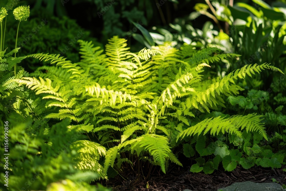 Lush green fern plant illuminated by sunlight in a garden setting. Lush green fern plant illuminated by sunlight in a garden setting.