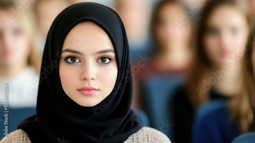 Young woman in a hijab attending a lecture surrounded by classmates in a university setting photo