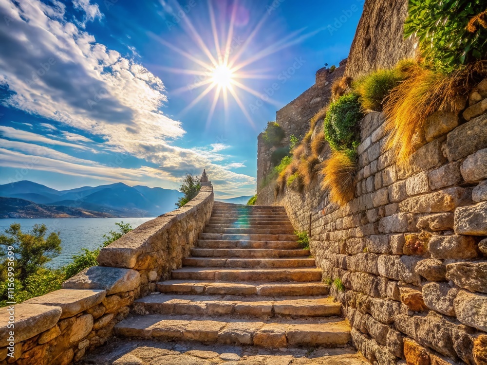 Fototapeta premium Nafplio, Greece: Palamidi Fortress Staircase Detail - Bright Summer Day