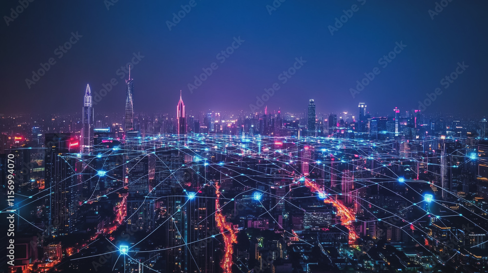 Fototapeta premium Smart digital Innovation city with connection network reciprocity over the cityscape. of future smart wireless digital city and social media networking systems that connects people with in city