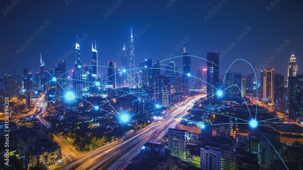 Fototapeta premium Smart digital Innovation city with connection network reciprocity over the cityscape. of future smart wireless digital city and social media networking systems that connects people with in city
