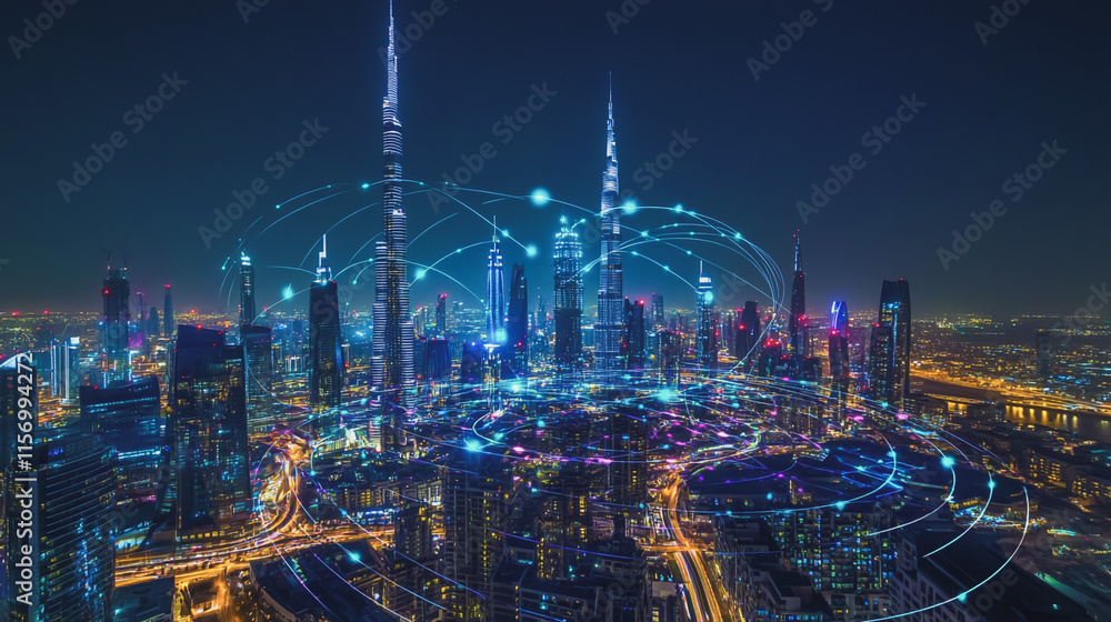 Fototapeta premium Smart digital Innovation city with connection network reciprocity over the cityscape. of future smart wireless digital city and social media networking systems that connects people with in city