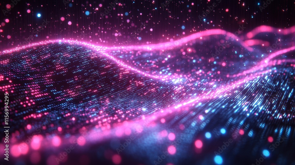 Naklejka premium Futuristic digital rain with glowing binary streams in neon hues, flowing across a dark gradient background. Electric purple, blue, and green create an abstract, high-tech pattern with a subtle glow.