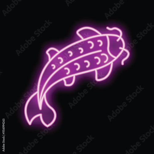 Pink neon sign of a catfish swimming upwards on a black background