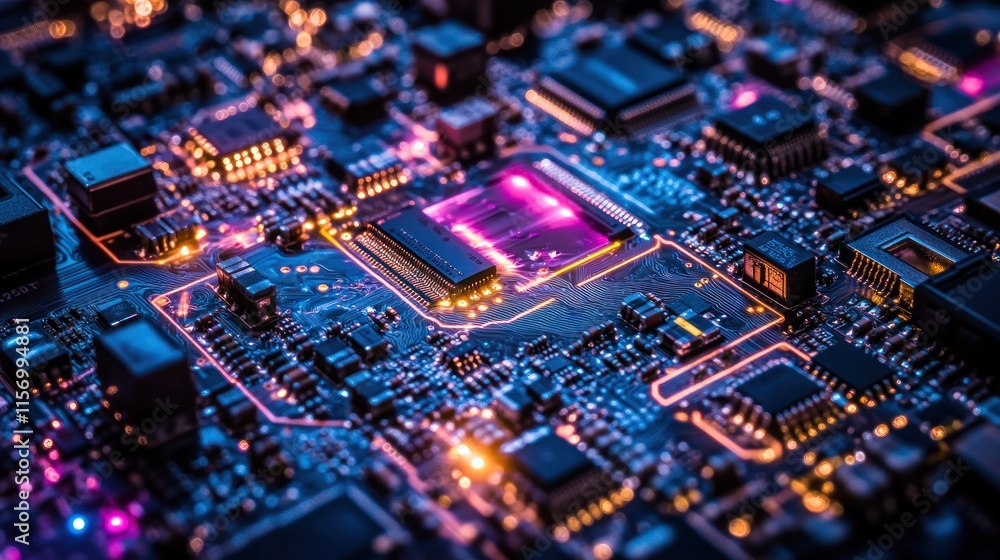 Close-up of illuminated circuit board with integrated circuits and microchips. Close-up of illuminated circuit board with integrated circuits and microchips.