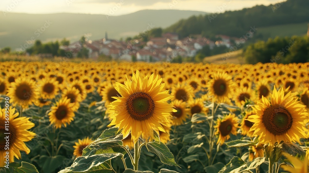 Fototapeta premium Sunflower Fields Under Misty Mountains at Sunset