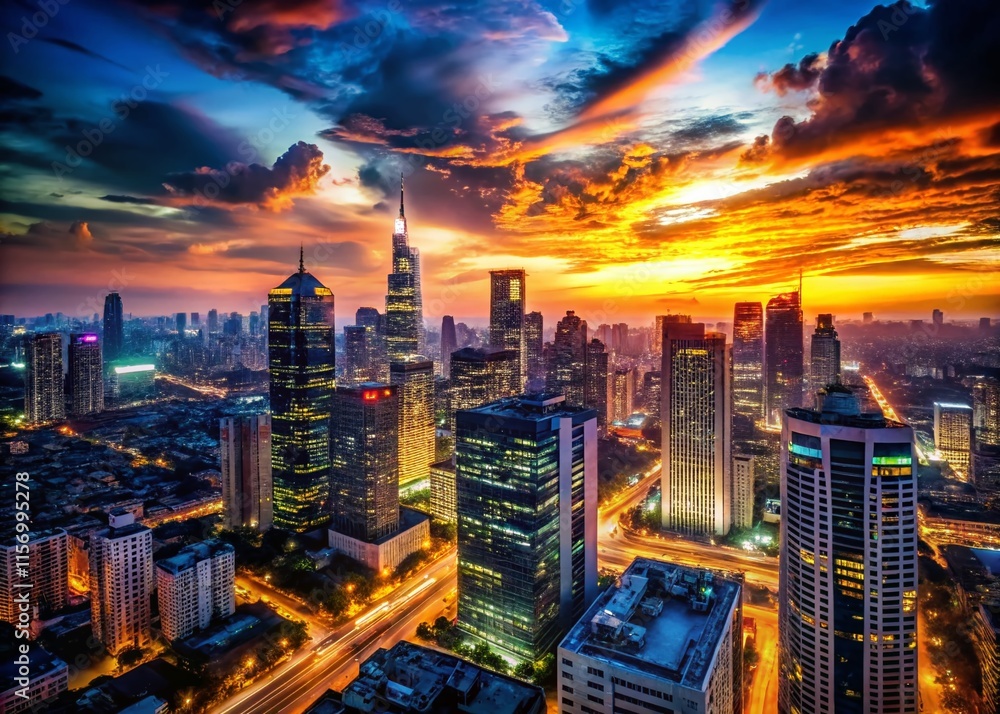 Obraz premium Night City Skyline Silhouette Aerial View - Stunning Urban Landscape at Dusk