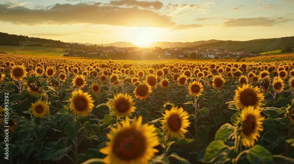 Fototapeta premium Sunset Over a Sunflower Field in the Countryside