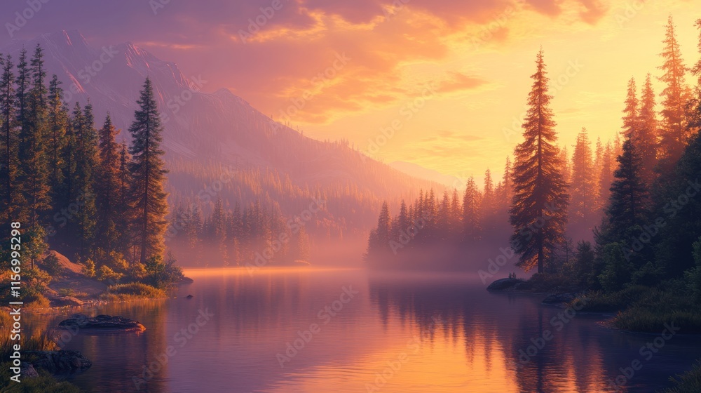 Serene sunset over a calm lake nestled in a misty mountain forest. Serene sunset over a calm lake nestled in a misty mountain forest.