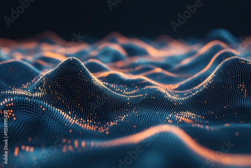 Abstract digital landscape with glowing particles forming undulating waves.