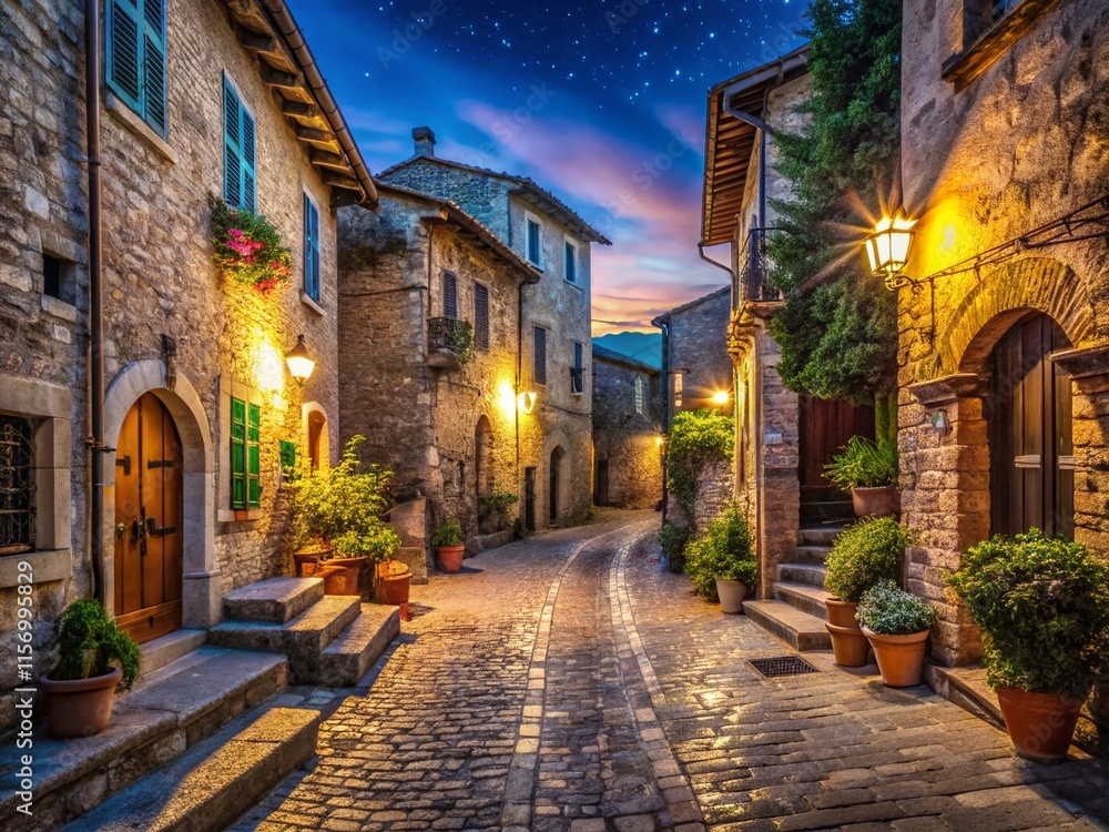 Fototapeta premium Night in Corciano, Umbria: Idyllic Italian Village Illuminated