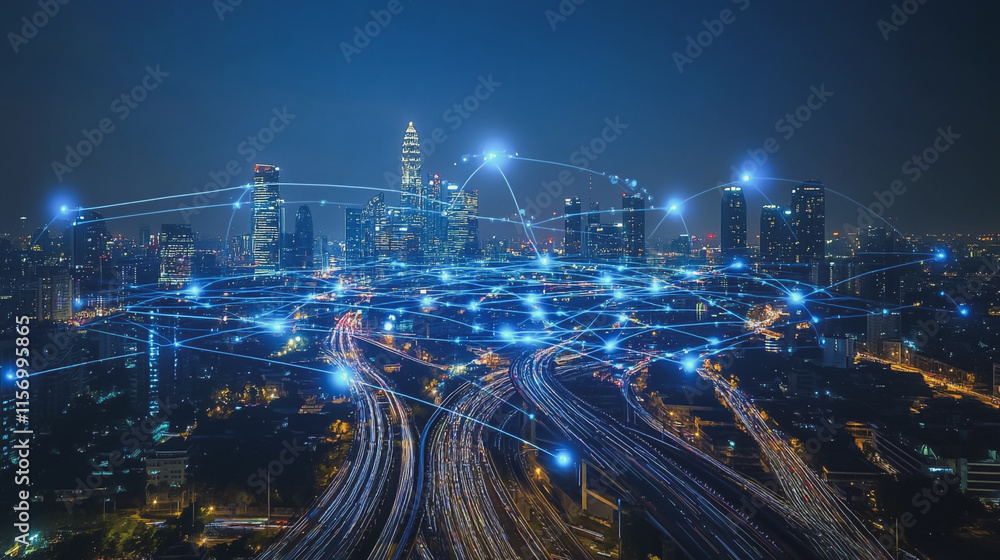Fototapeta premium Smart digital Innovation city with connection network reciprocity over the cityscape. of future smart wireless digital city and social media networking systems that connects people with in city