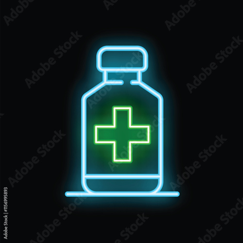 Glowing neon medical bottle icon with green cross isolated on a dark background