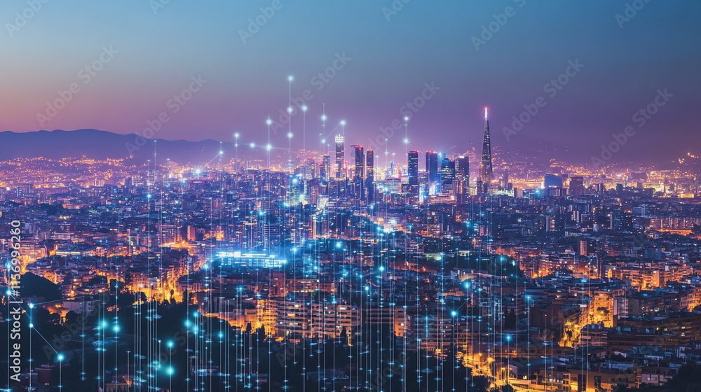 Fototapeta premium Smart digital Innovation city with connection network reciprocity over the cityscape. of future smart wireless digital city and social media networking systems that connects people with in city