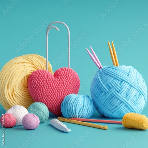 Valentine's day galentine gifts. Colorful yarn balls and craft tools arranged creatively on a teal background.