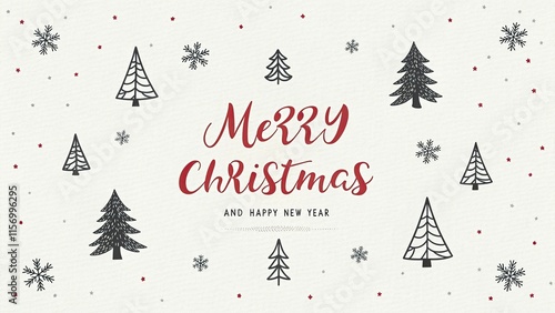 Red Calligraphy 'Merry Christmas and Happy New Year' with Tiny Trees