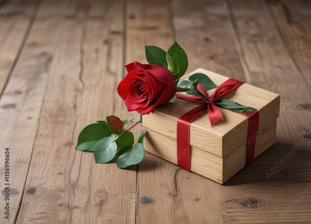 A single red rose on a wooden background with a small gift box, centerpiece, floral, wooden A single red rose on a wooden background with a small gift box, centerpiece, floral, wooden