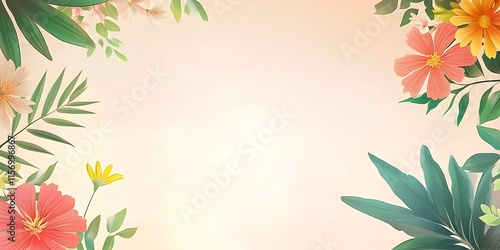 Floral border with vibrant flowers and lush green leaves on a soft peach background.