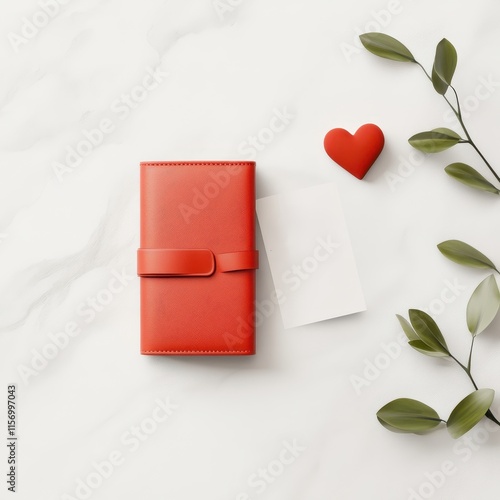 Valentine's day galentine gifts. Stylish red wallet with a heart and greenery, perfect for lifestyle and gift themes.