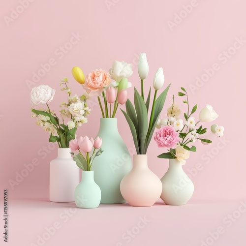 Valentine's day galentine gifts. Colorful floral arrangement in pastel vases against a soft pink background.