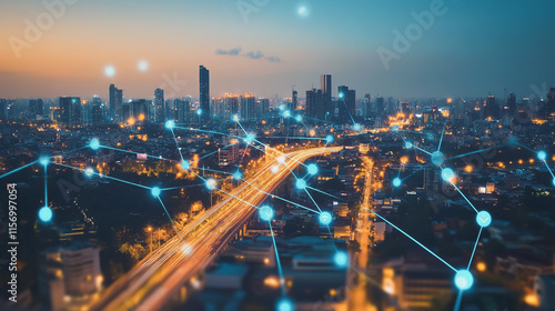 Wallpaper Mural Smart digital Innovation city with connection network reciprocity over the cityscape. of future smart wireless digital city and social media networking systems that connects people with in city Torontodigital.ca