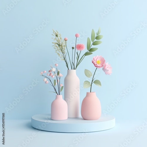 Valentine's day galentine gifts. Stylish vases with flowers on a minimalistic display against a light blue background.