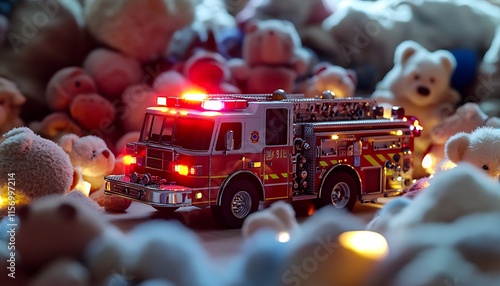 Vibrant toy fire truck with flashing lights surrounded by soft plush toys