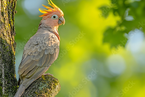 Stunning portrait of a majestic Gang-gang Cockatoo perched on a tree branch, bathed in soft sunlight against a blurred green background. photo