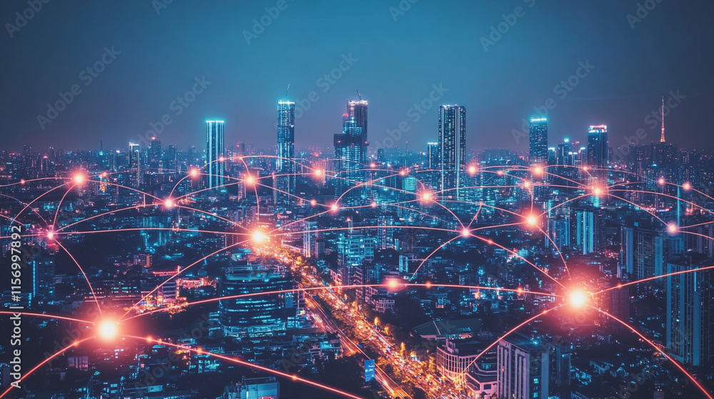 Naklejka premium Smart digital Innovation city with connection network reciprocity over the cityscape. of future smart wireless digital city and social media networking systems that connects people with in city