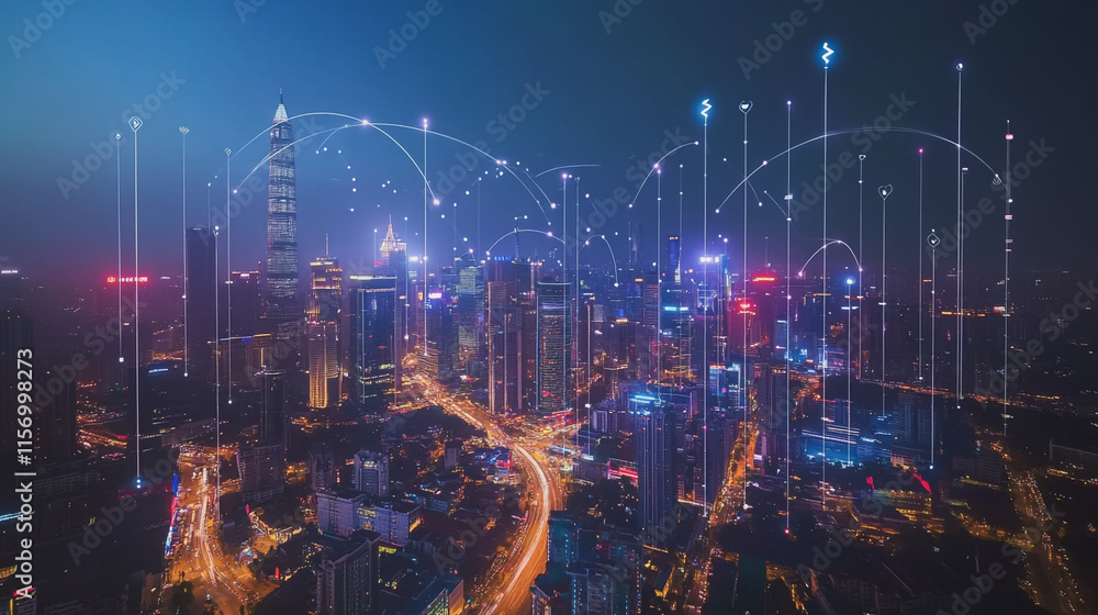 Smart digital Innovation city with connection network reciprocity over the cityscape. of future smart wireless digital city and social media networking systems that connects people with in city Smart digital Innovation city with connection network reciprocity over the cityscape. of future smart wireless digital city and social media networking systems that connects people with in city
